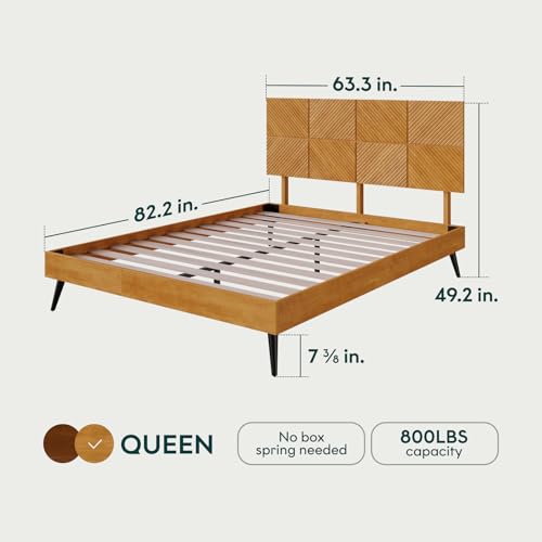 Image of Bme Rhombus Queen Bed Frame - Solid Rubber Wood with Geometric Rhombus Headboard, Teak Brown Finish, Scandinavian Modern Platform Bed with Sturdy Slats & Metal Legs, No Box Spring Needed