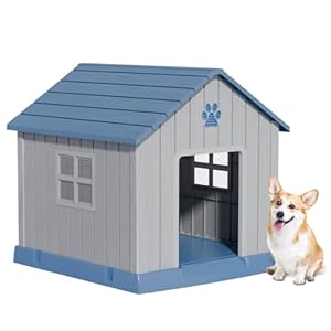 Dog House Indoor Outdoor for Small to Large Sized Dogs Resin Outdoor Dog House with Ventilation Puppy Shelter with Elevated Floor, Easy to Assemble, Blue