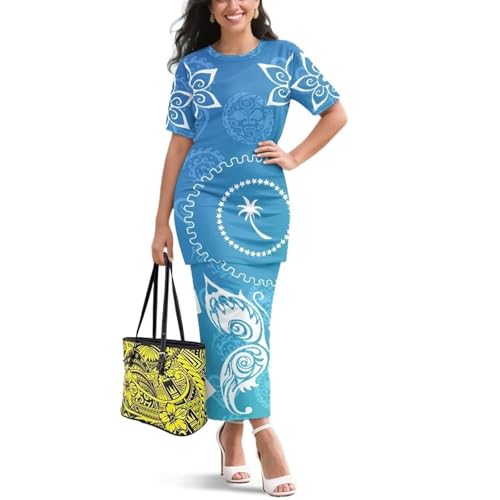 Image of Puletasi Samoan Traditional 2 Piece Outfits for Women Short Sleeve Crop Top and Maxi Skirt Sets Puletasi Dress