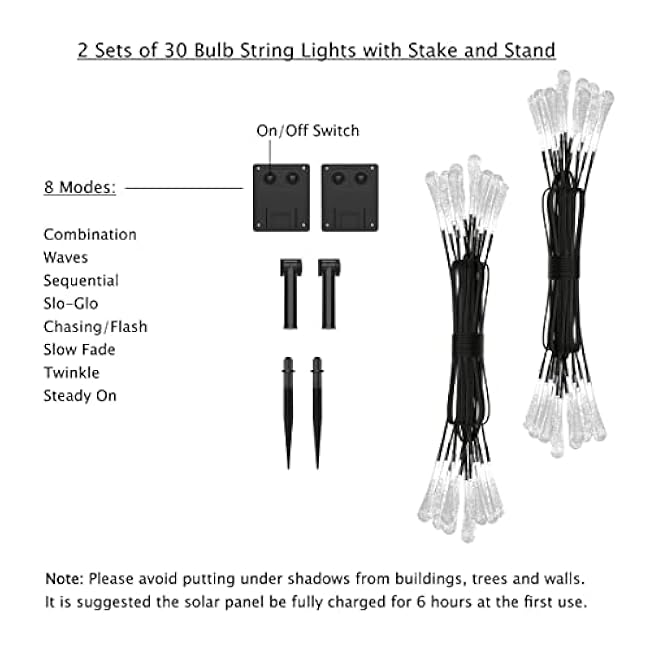 Pure Garden Outdoor String Lights 2-Pack - 20.5FT Solar Lights with 30 LED Bulbs and 8 Light Modes for Patio, Backyard, and Events (Cool White)