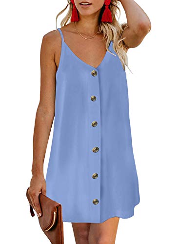 Chase Secret Women V Neck Spaghetti Strap Sundress Summer Casual Button Down A Line Swing Mini Dresses Fashion 2020 Sky Blue X-Large