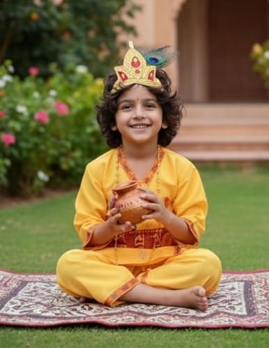 Image of BookMyCostume Cotton Krishna Dress For Baby Boy|Print Shri Krishna Costume For Kids With Patka,Flute,Mukut & Mala|Janmashtami Photoshoot Outfit|Fancy Dress Roleplay Costume For Kids|6-12 Months