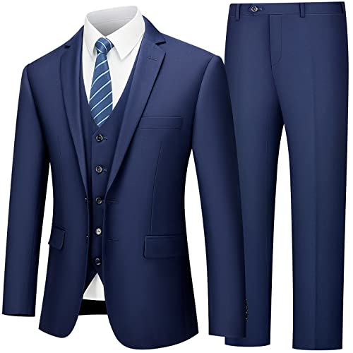 Lupurty Men's Suits Slim Fit, 3 Piece Suits For Men, 2 Buttons Solid Jacket Vest Pants With Tie, Men Suits Tuxedo Set, Navy L #TOP6