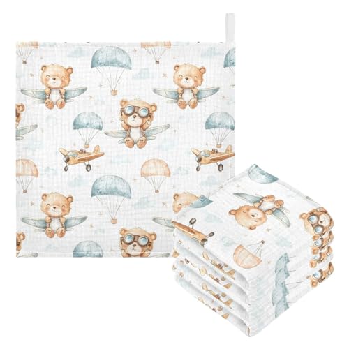 Image of vvfelixl Cute Bear Pilot Baby Burp Cloths Baby Muslin Washcloths for Boys Girls Cotton Babys Face Towel for Newborn Infants Soft and Absorbent 11.8 X 11.8 in, 5 Pack