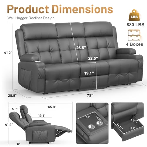 Image of Loveseat Recliner Sofa, Home Theater Seating with Massage, 3 Seat Reclining Loveseats with Flip Backrest, Wall Hugger RV Couch Theater Chairs, RV Furniture Sofas with USB, Cup Holders for Gaming Room