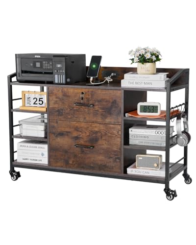 Image of VEVOR 2 Drawers Metal File Cabinet, Lateral Filing Cabinet with Lock and 6 Open Shelves, Wooden Wide Filing Storage Cabinets with Power Strip for Letter, A4, Legal Size File, Easy Assembly, Brown