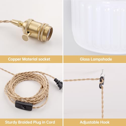 Image of Shenmoyl Plug in Pendant Light Hanging Light Fixtures with Plugin Cord On /Off Switch,White Striped Glass Lampshade Brass Pendant Light