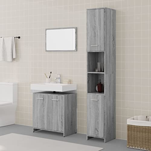 WRJENFSC Juego de muebles de baño Sonoma gris de 3 piezas con armario bajo lavabo de 60 x 60 cm y armario alto de 183 cm, superficie moderna para baño pequeño