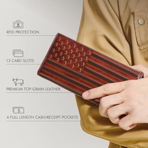 Long Wallet for Men Leather, Mens Checkbook Wallet Rodeo, Large Western Cowboy Wallet Bifold, RFID Blocking, Gift for Men (American Flag, Brown)2