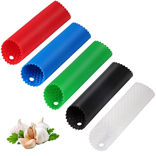Sinnsally Garlic Peeler Skin Remover Roller Keeper,Easy Quick to Peeled Garlic Cloves with Silicone Tube Roller Garlic Peeling Kitchen Tool (5 Colors)