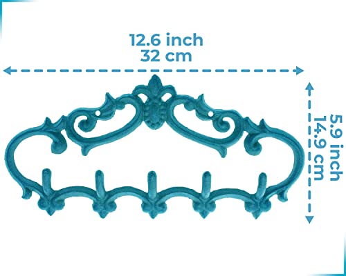 Comfify Cast Iron Wall Mounted Hanger Vintage Design With 5 Hooks - Keys, Towels, Coats Etc - Wall Mounted, Metal, Heavy Duty, Rustic, Vintage, Decorative Gift Idea - 12.6X5.9” - Teal Blue #TOP6