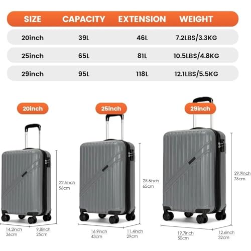3-piece expandable suitcase set with wheels, pc+abs durable hardside luggage, tsa lock (20", 24", 28")-Dark Gray2