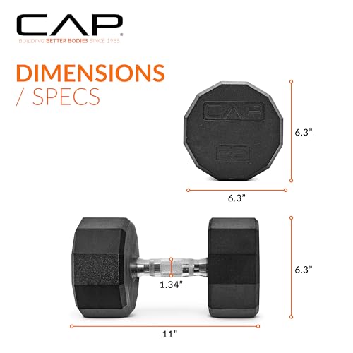 Image of CAP Rubber Coated Dumbbell Weights, Free Weights for Home Gym Strength Training, Anti-Roll Hex Dumbbells with Black, Chrome & Comfort Grip Handles, Singles