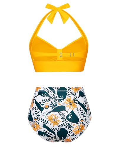 Image of Holipick Women High Waisted Bikini Set Two Piece Swimsuit Tummy Control Bathing Suit Vintage Halter Swimwear