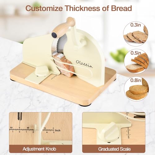 Manual Bread Slicer for Homemade Sourdough, Hand Crank Bread Cutter with Adjustable Thickness, Solid Wood Base & Suction Cup, Stainless Steel Blade, Scale Line Guide (Cream) by Olzeein - Used condition - Image 4