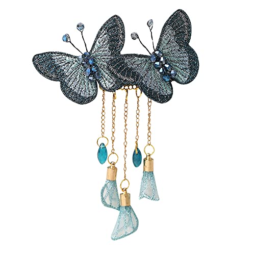 Temperament Schmetterling Strass Quaste Haarspange, 3D Lebendige Stickerei Schmetterling Hinterkopf Haarspange, Fantasie Quaste Schmetterling Exquisite Haarnadel (Grün) Cover