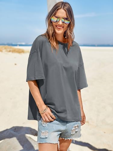 Image of Tankaneo Womens Oversized Tshirts Summer Casual Short Sleeve Crew Neck T Shirt Loose Fit Side Slit Tee Tops