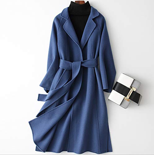 Womens Wool Coats Cashmere Trench Autumn Winter Solid Color Slim Warm Long Overcoat Cardigan Jackets Outwear with Belt,Blue,S2