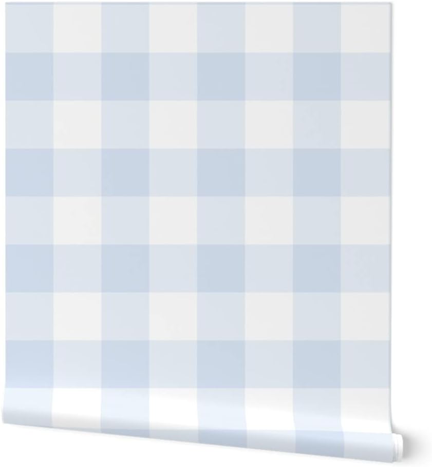 Peel & Stick Wallpaper 12ft x 2ft – Blue Gingham Large Check Inch Kids Home Decor White Custom Removable Wallpaper by Spoonflower