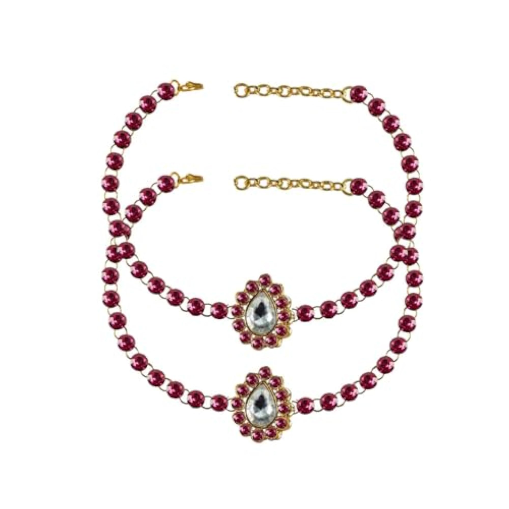 Women's Brass Gold Plated Pink Stone Studded Anklet, Adjustable
