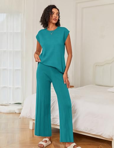 Image of Ekouaer Lounge Sets for Women Two Piece Outfits Knit Cap Sleeve Tops Wide Leg Pleated Pants Casual Dressy Sweater Sets
