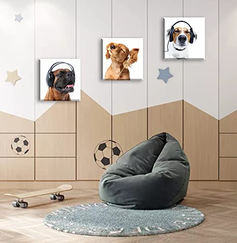 Dog Wall Decor For Bedroom Dog Canvas Wall Art Funny Puppy Music Painting Animal Pictures Canvas Print Modern Home Boys Room Living Room Wall Decorations Artwork Framed Ready To Hang 16"W X16"H X3 #TOP1