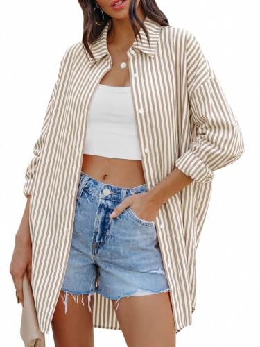 Image of FSHAOES Womens Oversized Button Down Shirts Casual Loose Long Sleeve Solid Lapel Long Blouses Tops with Pockets
