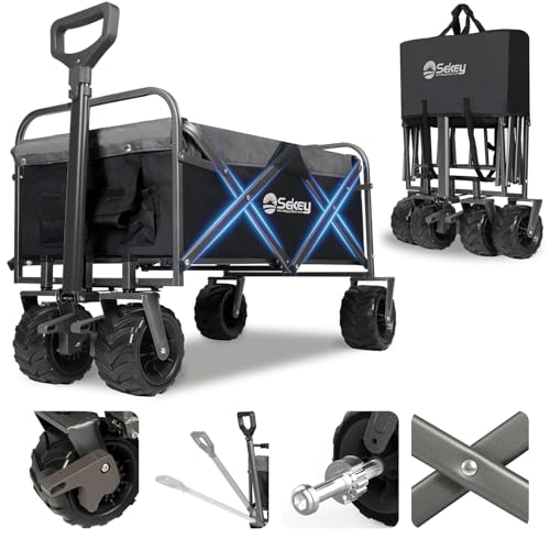 Sekey Carrello pieghevole da 200 kg, carico pesante, pieghevole, extra largo, 17 x 10 cm, pieghevole, da spiaggia con freni, classico 3017, colore: nero/grigio