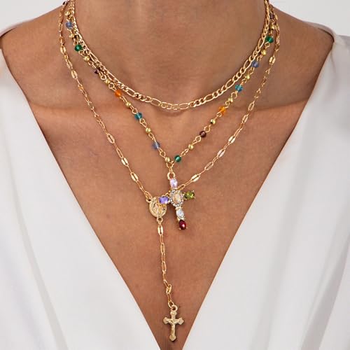 Layered Cross Lariat Necklace for Women Gold Cross Turquoise Sun Y Necklace Colorful Crystal Pearl Long Necklaces Boho Statement Jewelry Gifts3