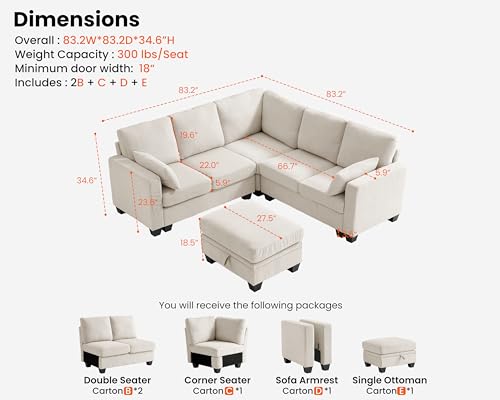 Image of CHIC HOUSE Modular Sectional Couch| Corduroy L Shaped Sleeper Sofa, U-Shape Sofa Bed Convertible Chaise with Storage Ottoman for Living Room Modern Furniture (Beige, 6 Seater L-Shaped)