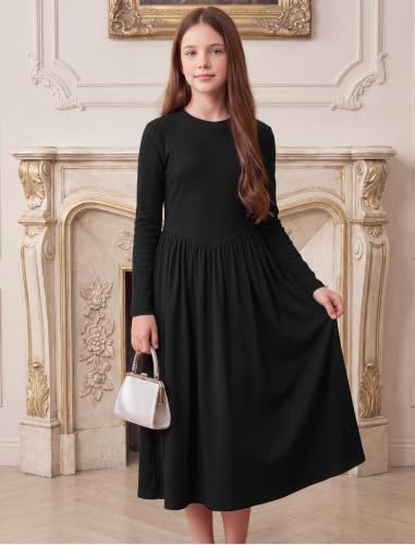 HOZIY Girls Black Dress Long Sleeve Fall Winter Casual Maxi Formal Dresses - image 9