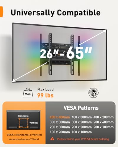 Image of Perlegear AuraFrame Pre-Assembled TV Wall Mount with LED Lights for 26-65 inch TVs up to 99 lbs, Max VESA 400x400mm, Swivel, Extension, Tilt, TV Backlights with Music Sync, Fits 16 inch /12 inch Wood Studs