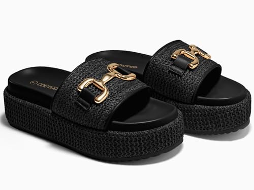 Image of Coutgo Womens Platform Sandals Raffia Espadrilles Metal Chain Slip on Open Toe Cute Beach Slide Sandals