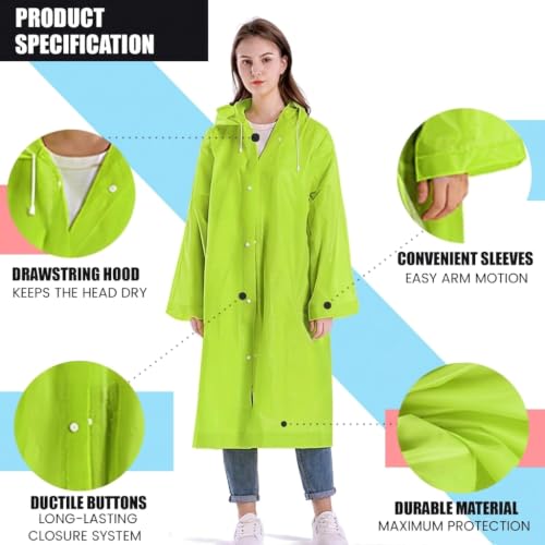 Image of Motopack EVA Waterproof Raincoat for Men & Women with Hood | Unisex Reusable Transparent Universal Rain Wear Lightweight Full Sleeve Poncho with Button Closure for Travel Camping & Hiking (Neon Green)