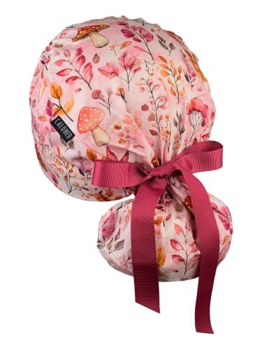 Image of Scrub Cap for Women and Men, Ponytail Scrub Caps, Working Hat, Head Cover with Ribbon Ties and Buttons, Long Hair
