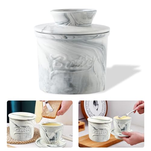KITERI Butter Keeper Crock Ceramic Butter Crock French Butter Dish with Lid Marble Butter Storage Butter Dish Holder Butter Keeper with Water Line for Fresh Spreadable Butter