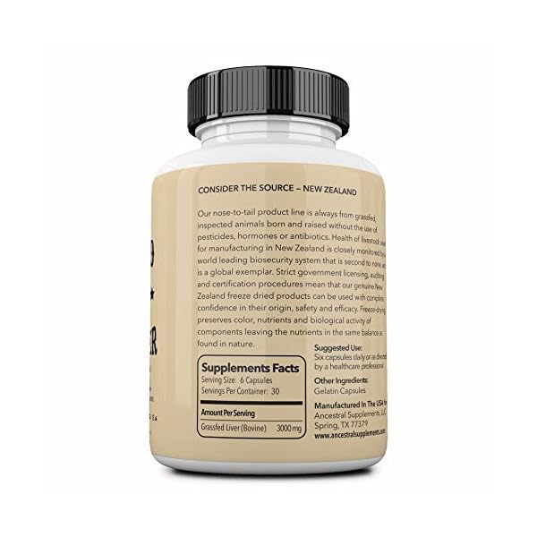 Ancestral Supplements Grass Fed Beef Liver Capsules, Supports Energy Production, Cleansing, Digestion, Immunity and Full Body Wellness, Non GMO, Freeze Dried Liver Support Supplement, 180 Capsules