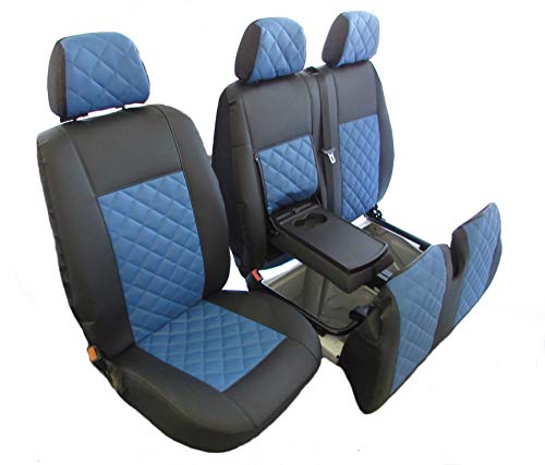 Texmar Passend für Mercedes Sprinter 2006–2018, VW Crafter 2006–2018, Rechtslenker, schwarz/blau, ECO-Leder-Sitzbezüge, 2 + 1 (1 Einzel, 1 Doppel).