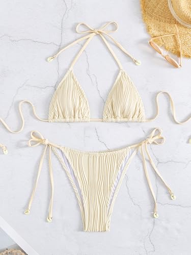 Tainehs Ribbed Two Piece Bikini Sets for Women Sexy Halter Triangle Top Swimsuit String Thong Bathing Suit4