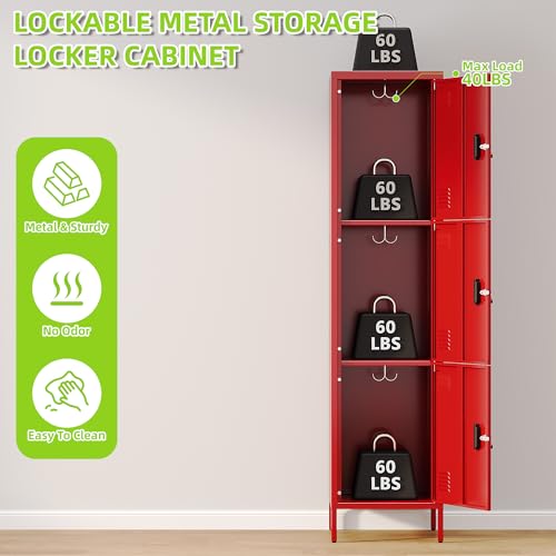 Image of Aobabo 16 inch W 3 Door Metal Storage Locker with Lock, 66 inch H Steel Locker with Name Card Holder and Metal Hook for School, Home, Office, Playroom, Assembly Required, Red