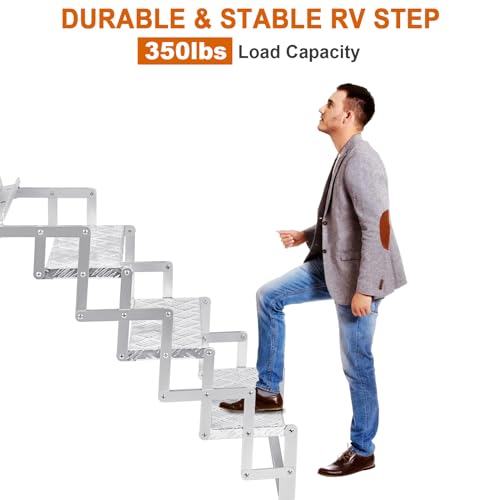 Aluminum Scissor Stairs, 3 Steps Outdoor RV Step Ladder, 18" Wide Camper Stair Ladder with Anti-Slip Surface, Portable Stairs for Travel Trailer, Silver