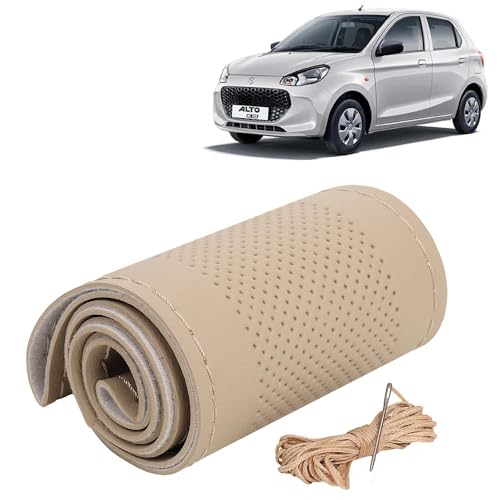 Image of KINGSWAY PU Leatherite Car Steering Cover Sewable Compatible with Maruti Suzuki Alto K10 (Year 2022 Onwards), Beige Color with Beige Thread, Pack of 1 with Sewing Needle and Thread