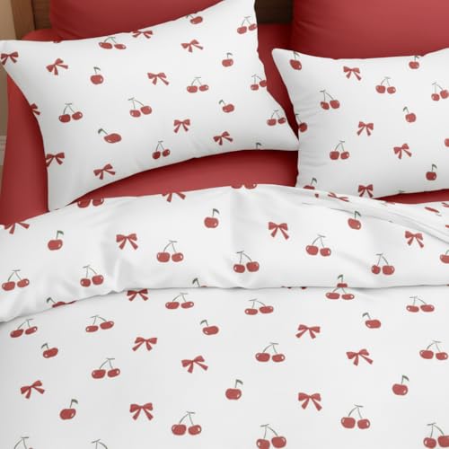 Image of Nayoroom Red Cherry Duvet Cover Queen Size Cute Bow Duvet Cover 3 Pieces Soft Lightweight Microfiber Girls Aesthetic Dorm Bedding Set with Zipper Closure