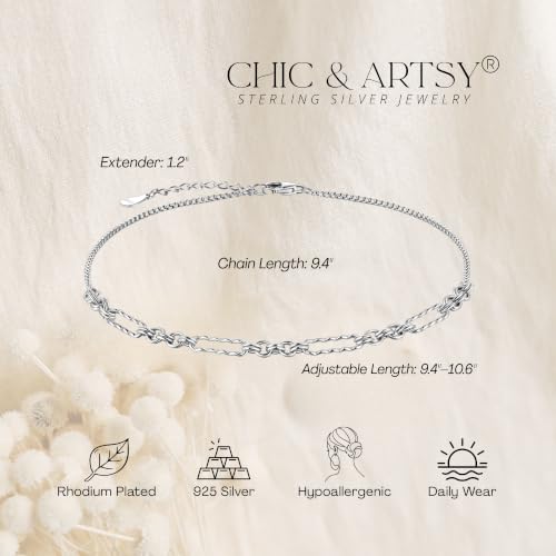 Image of CHIC & ARTSY 925 Sterling Silver Ankle Bracelets for Women, Adjustable Double Layer Chain Anklets, Minimalist Lightweight Foot Jewelry for Beach & Everyday Wear