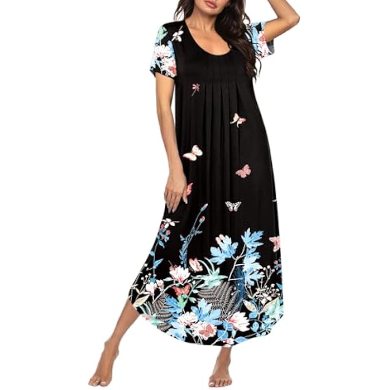 Ekouaer Long Nightgowns for Women House Dress Plus Size Sleepwear Pleated Full Length Loungwear S-4XL