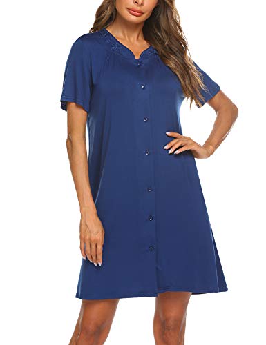 Ekouaer Nightgown Button Front Sleepshirt Short Sleeve Dusters and Housecoats V-Neck Lounger Dress