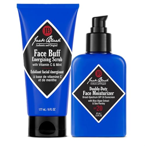 Jack Black Face Buff Energizing Scrub 6 Fl Oz & Double-Duty Face Moisturizer 3.3 Fl Oz Bundle - Mens Facial Scrub & Facial Moisturizer for Men
