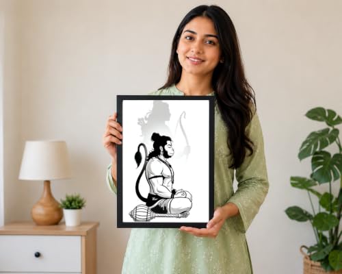 Image of Meditating Lord Hanuman Wall Art Photo Frame | Minimalist Bajrangbali Spiritual Canvas Print for Home Temple & Living Room Decor