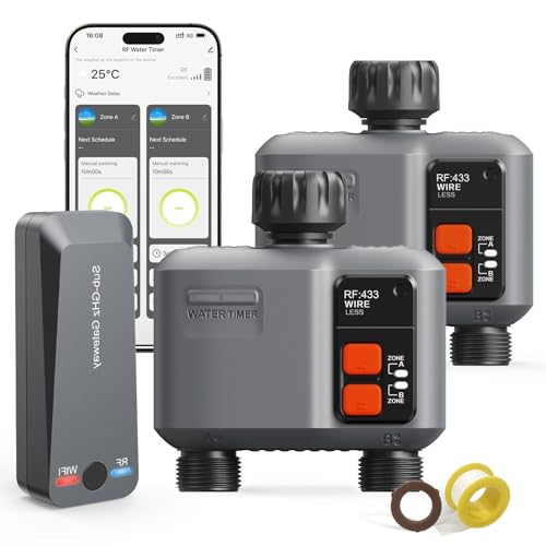 johgee Programmatore di irrigazione WiFi a 2 uscite con RF 300M, set da 2 Programmatore di irrigazione per giardino Compatibile con Alexa e l'applicazione Smart Life, sistema di irrigazione automatico
