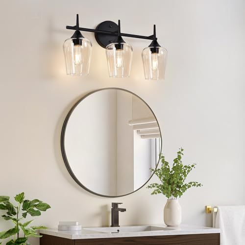 Image of MOKATNG 3-Light Bathroom Light Fixtures, Black Vanity Lights for Bathroom with Clear Glass, 19.5 Inch Bathroom Lighting Fixtures Over Mirror, Modern Wall lamp for Cabinet Hallway